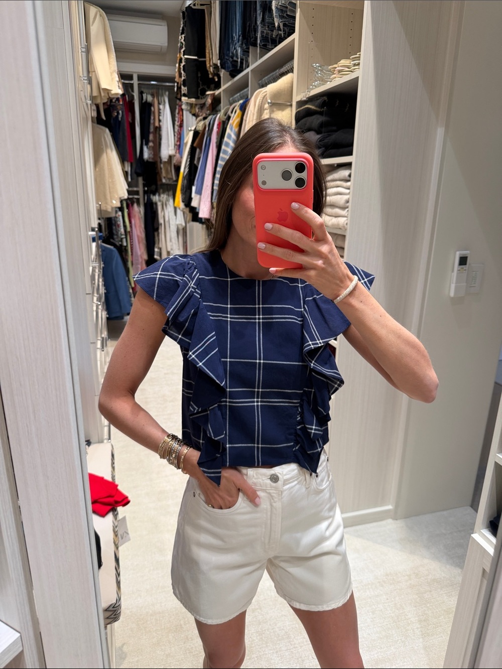 Sea Navy and White Plaid Ruffle sleeveless top